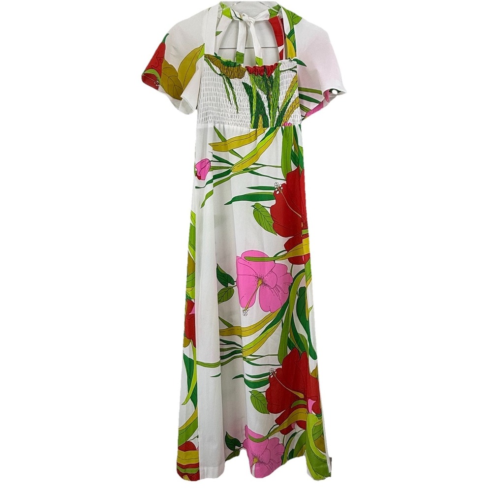 VINTAGE‎ 70s Malama Sophisticates Hawaii Maxi Dress M Hibiscus Smocked Tropical - Picture 2 of 16